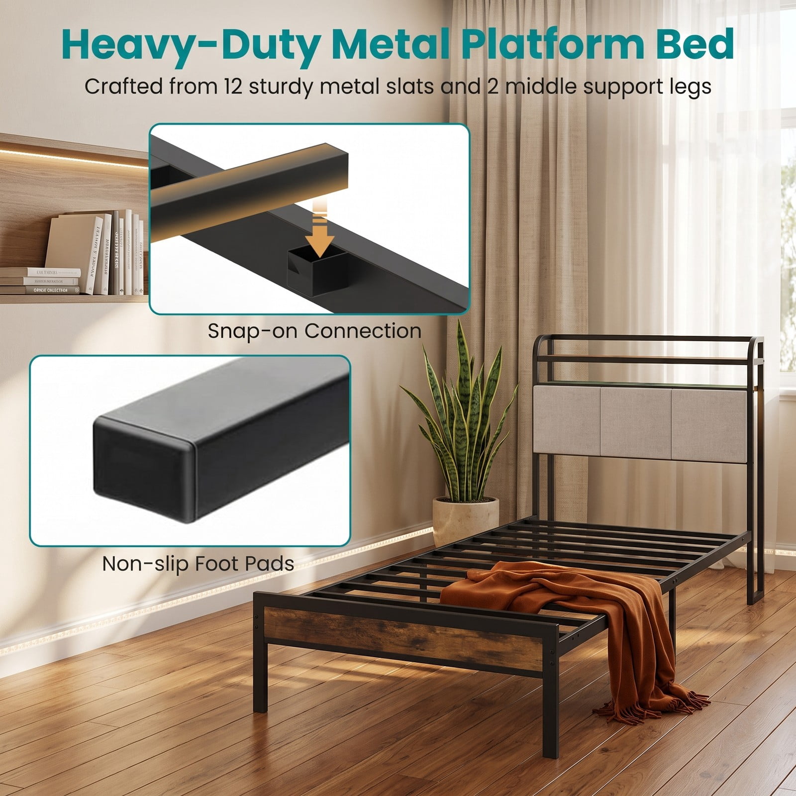 Furnibear Queen Bed Frame with Storage Headboard, Queen Platform Bed Frame with LED Lights and Charging Station, Rustic Brown and Gray