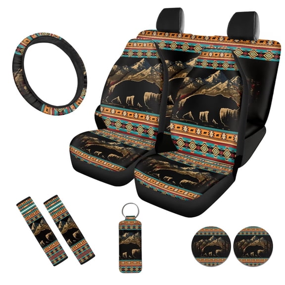 Uorisanigo Aztec Bear 10 Pieces Automobile Seat Cover Sets with Car Steering Wheel Cover Car Seat Belt Cover and Cars Water Cup Coaster Keychains Soft Anti-slip Auto Interior for Cars SUVs