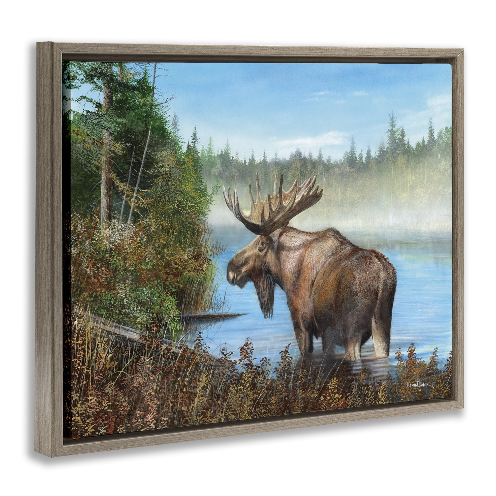 Stupell Industries Rustic Moose Wading in Shore Landscape & Nature Painting Brown Floater Framed Canvas Art Print Wall Art, 31 x 25