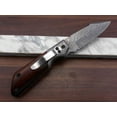 thumbnail image 2 of Damascus steel 7.5" long Folding Knife Rose wood with Damascus bolster pocket clip scale, custom made Hand Forged blade Cow hide leather sheath, 2 of 5
