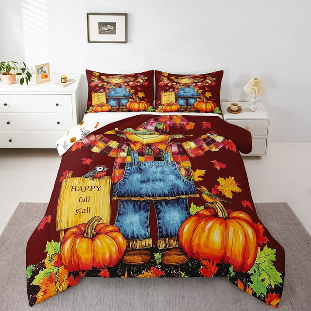YST Ensemble de Douillette Épouvantail pour Enfants Garçons Filles, Ensemble de Literie de l'Action de Grâce, Couette Réversible Citrouille, Courtepointe Oiseau Érable Vintage avec 2 Taies d'Oreiller Légère, Double