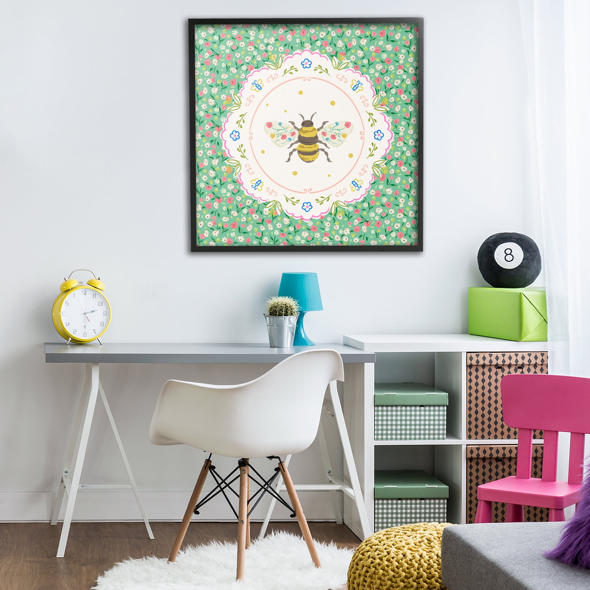 Spring Bee Delicate Florals Black Framed Giclee Art, design by Angela Steahling