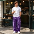 thumbnail image 2 of Resicozy Baggy Sweatpants Men Fall Winter Casual Fleece Wide Leg Drawstring Cargo Sweat Pants Athletic Gym Jogger with Pockets Purple M, 2 of 9