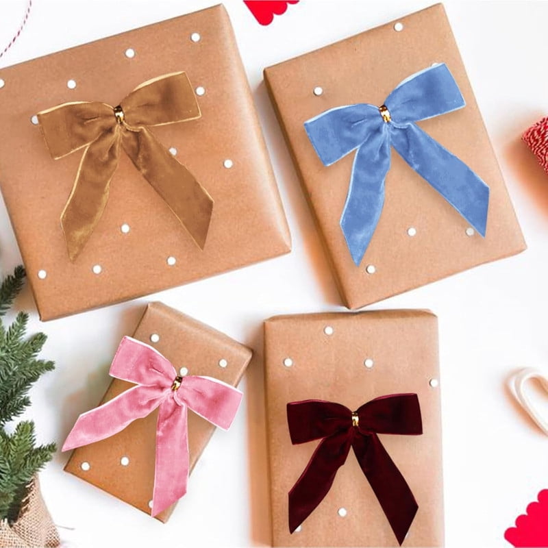 Vorkoi 24 Pcs Red Small Velvet Christmas Bows for Christmas Tree, Wreath, Gift Wrapping, Crafts, Wedding, Party, Twist Tie Bows for Treat Bag Bakery Candy Bags, Home Decor 1" W,3.5 x 3.5 inch
