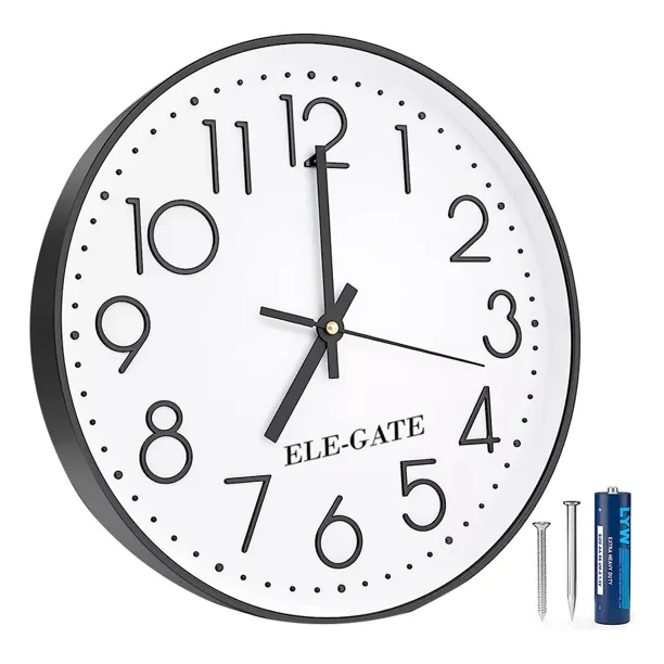 Reloj De Pared De Cuarzo Silencioso Clasico Estructura Negro Fondo Blanco