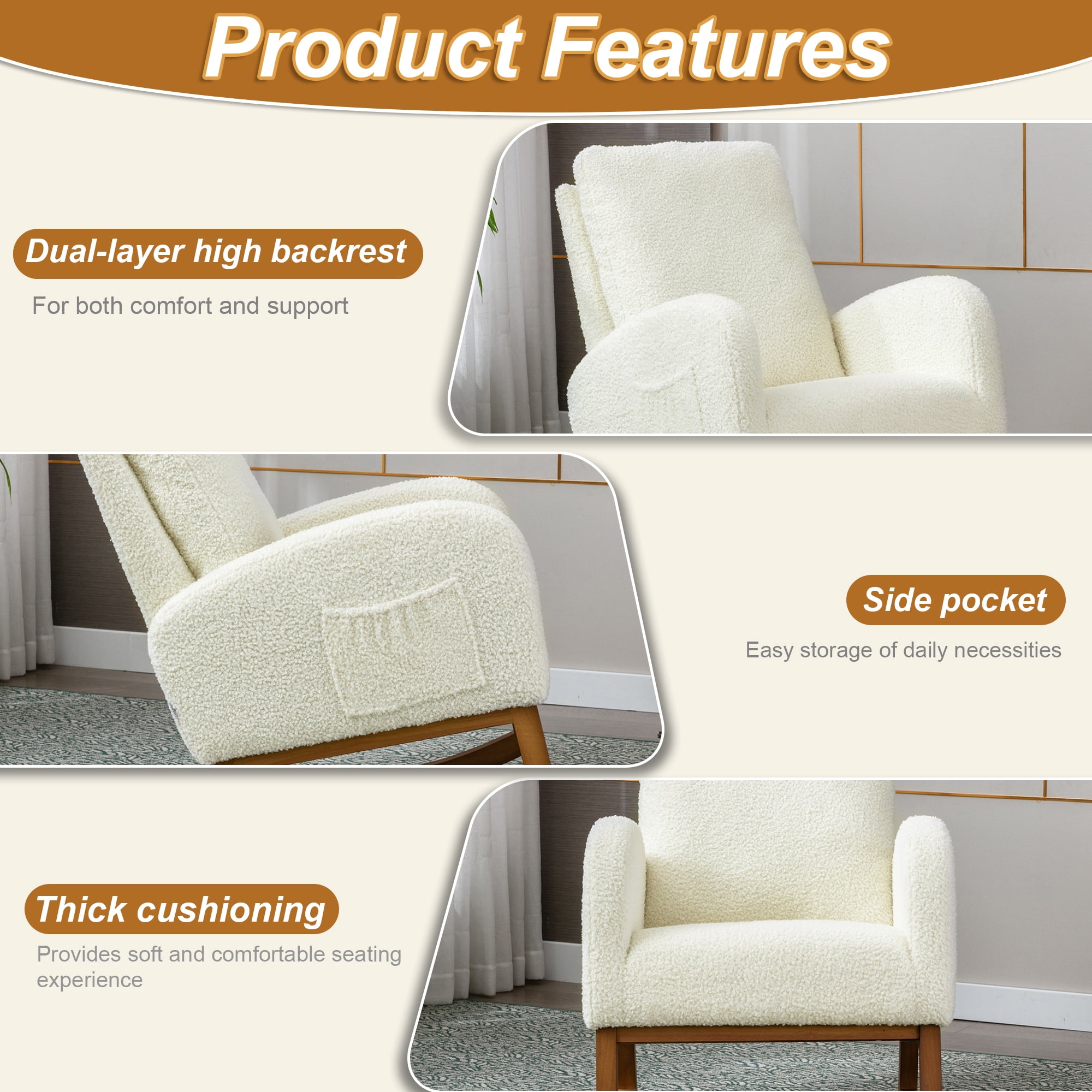 Lunale Rocking Chair for Nursery, High Back Adults Glider Rocker for Living Room, White Teddy