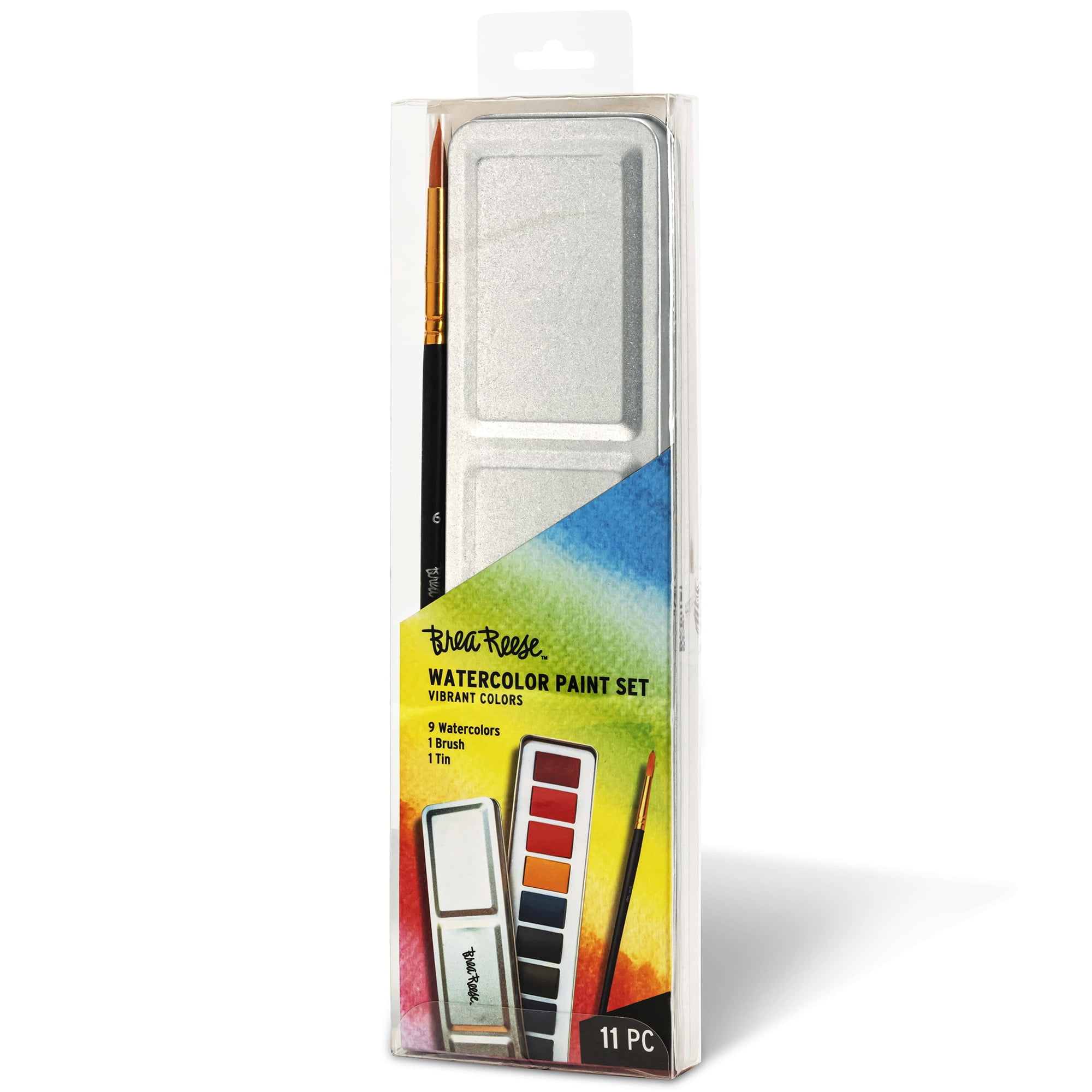 Brea Reese: Watercolor Paint Set - Vibrant - 9pc Vivid Colors, Gold Taklon Painting Brush & Compact Portable Tin, Blend-able, Adult Art Supplies