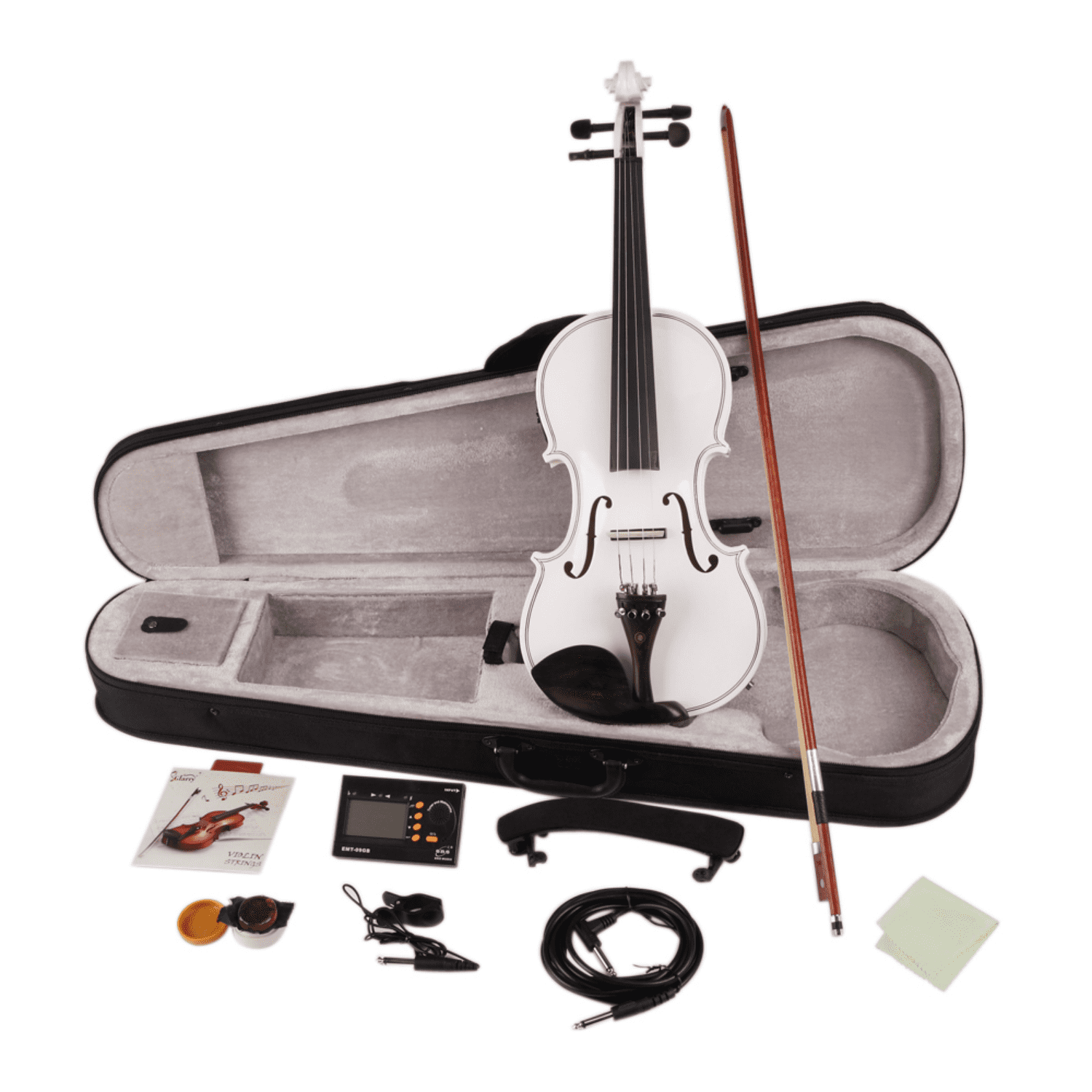 Hassch 4/4 Violin with Case, Bow and Cloth for Beginners, Starter Fiddle Kit with Strings, Shoulder Rest, Electronic Tuner and Connecting Wire, String Instrument, White