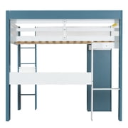 Euroco Wood Full Size Loft Bed with Storage Headboard, Bookcase. Desk and Clothes Hanger for Kids Teens Adults, White&Blue