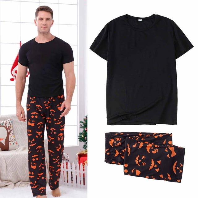Virmaxy Matching Halloween Pajamas for Family Holiday Two-piece Sets Men Solid Color Short Sleeve Crew Neck Tops With Ghost Pumpkin Printed Pants Set Black S