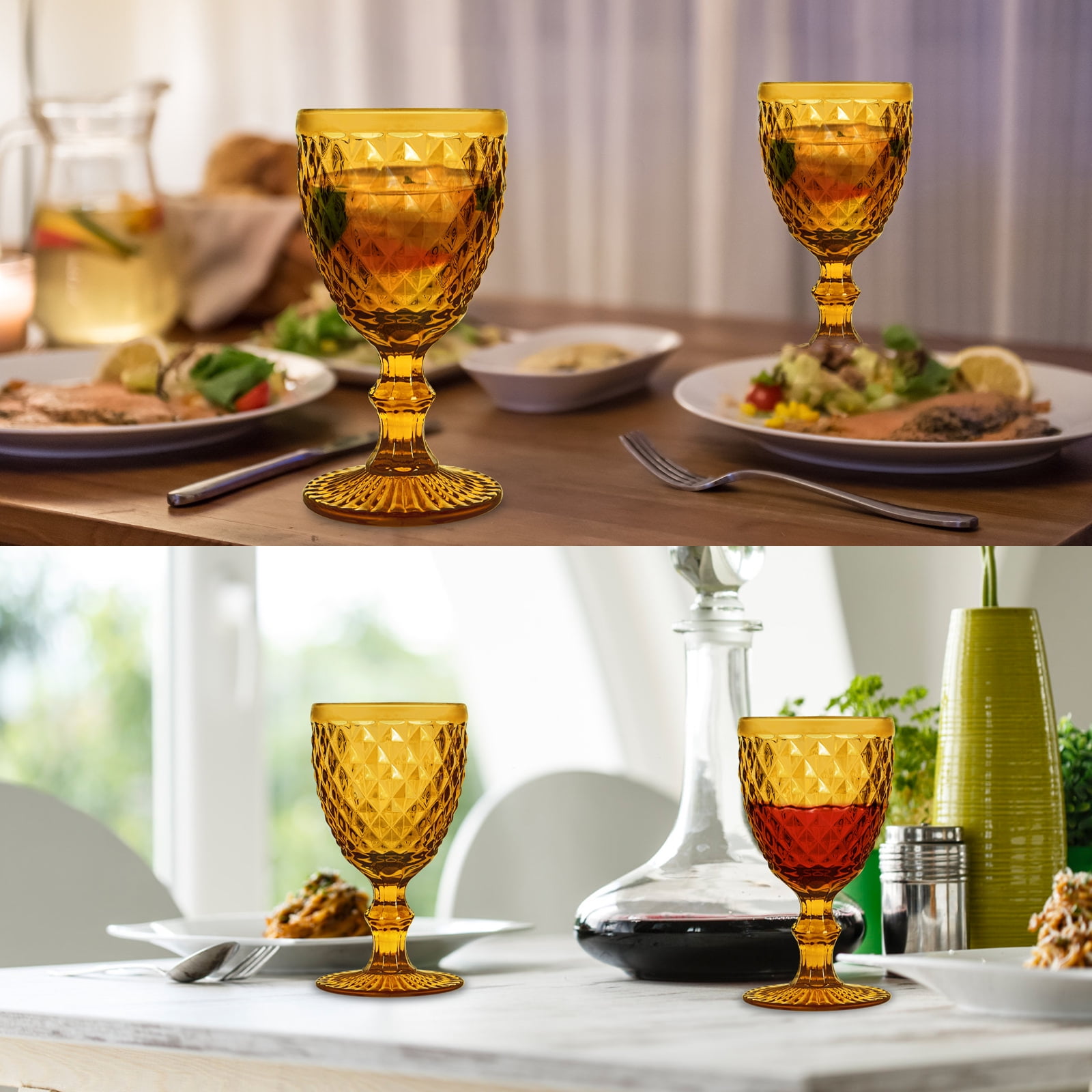 6pcs Glass Goblet Vintage, 8.5oz Stemware Wine Glass Sets, Drinking Glasses Retro Embossed Footed Glassware Wine Goblet for Iced Beverage Wine Cocktail（Blue）