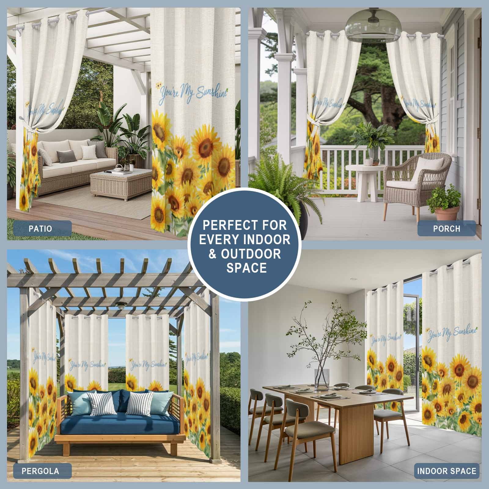 Summer Flowers Outdoor Curtains for Patio, Watercolor Sunflower Letter Print Green Leaf Waterproof Outside Curtains Privacy Blackout Curtain for Porch Pergola Cabana, 1 Panel 54W x 95L Inch