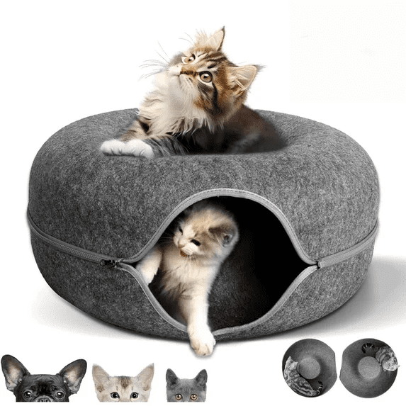 BANBERS 20" dark Grey Cat Tunnel - Detachable Felt Donut Bed, Peek-a-Cat Hole, Washable Indoor Cat House