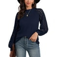 thumbnail image 6 of SHOWMALL Women's Trendy Waffle Knit Blouse Puff Long Sleeve Hollow-Out Lace Tops Casual Loose T Shirts, US Size 2XL, Navy Blue, 6 of 8