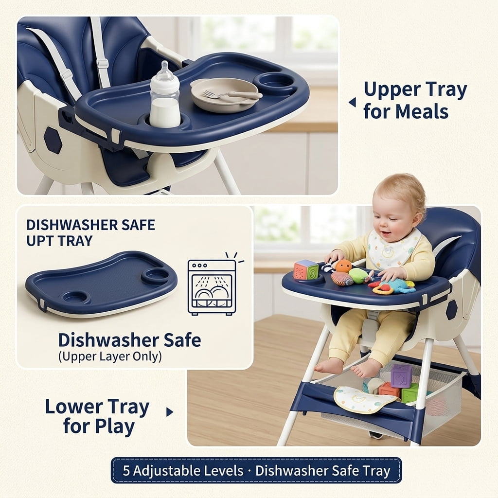 XunKA 4-in-1 Baby High Chair, Convertible Feeding Chair for Infant with Double-Layer Dinner Plate and Toy Rack for 6 Months to 3 Years, Blue