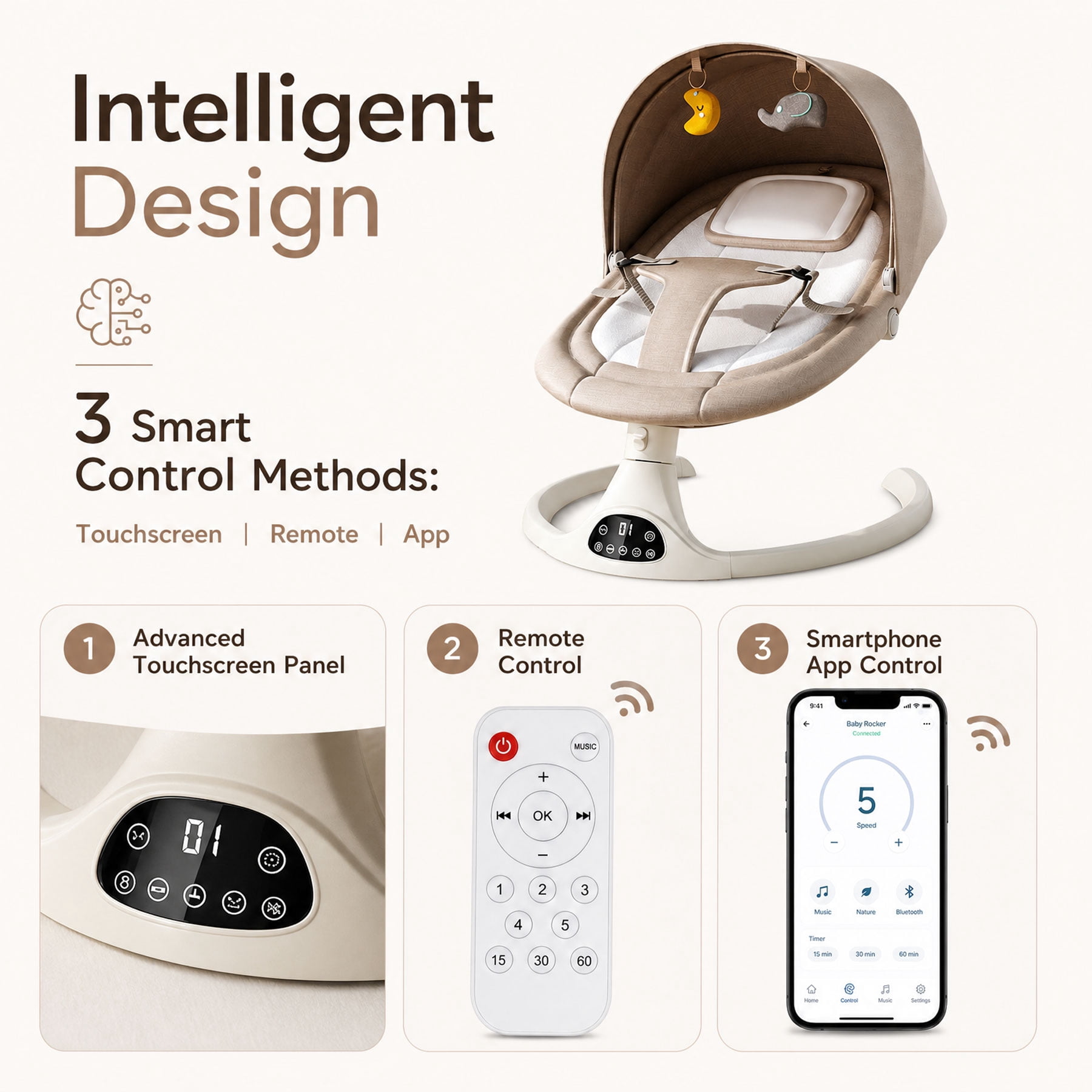 Oioane Electric Baby Swing for Infants, 5 Speeds & 3 Modes with Bluetooth Music, App Remote Control, Gray