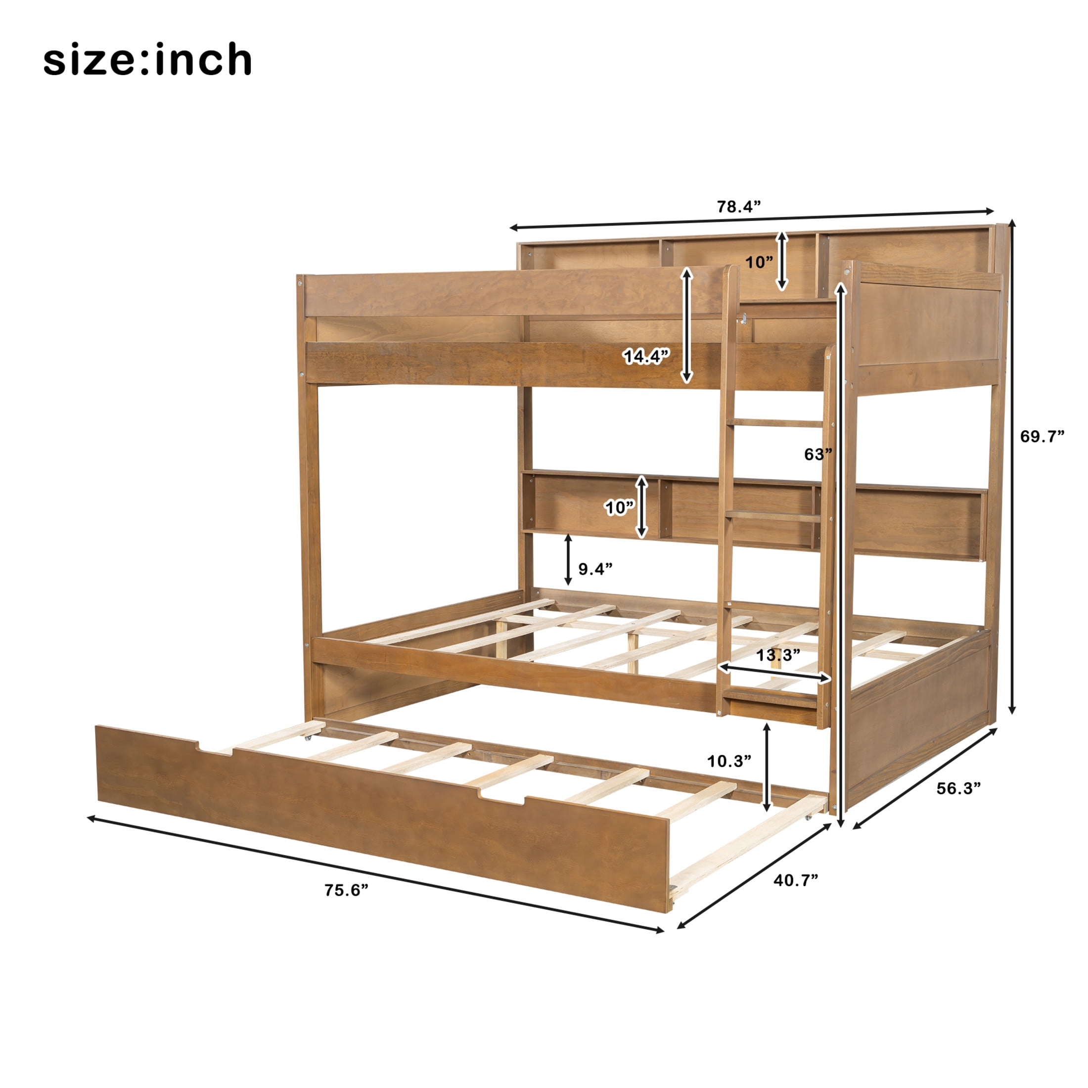 Noble House Erika Full over Full Bunk Bed with Pull-out Trundle and Integrated Storage Shelves, Antique Wood
