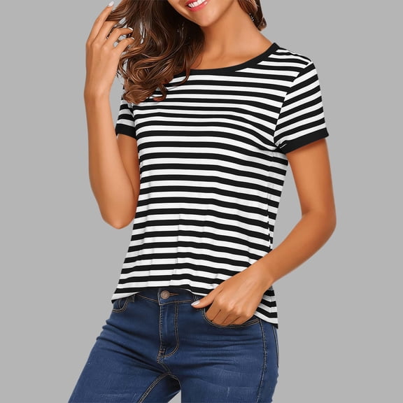 ClodeEU Women's Short Sleeve Crew Neck Striped T Shirt,Casual Trendy Basic Tee Black,Women's Plus L