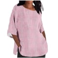 thumbnail image 2 of ALLLIST Plaid Womens Tops Plus Size Pink 3/4 Sleeve Crew Neck Cotton and Linen T-Shirts Casual Loose Blouse for Women, 2 of 4