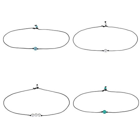Set of 4 Leather Pearl Bead Choker Necklace, Women Girls Jewelry Handmade Choker