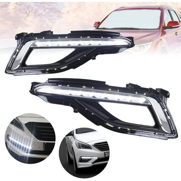 For 2015 2016 2017 Hyundai Sonata 9th Fog Lights Cover w/LED DRL Left Right Side 1 Pair Black and Chrome Housing Clear Lens(Not for Sport & Hyird Model)