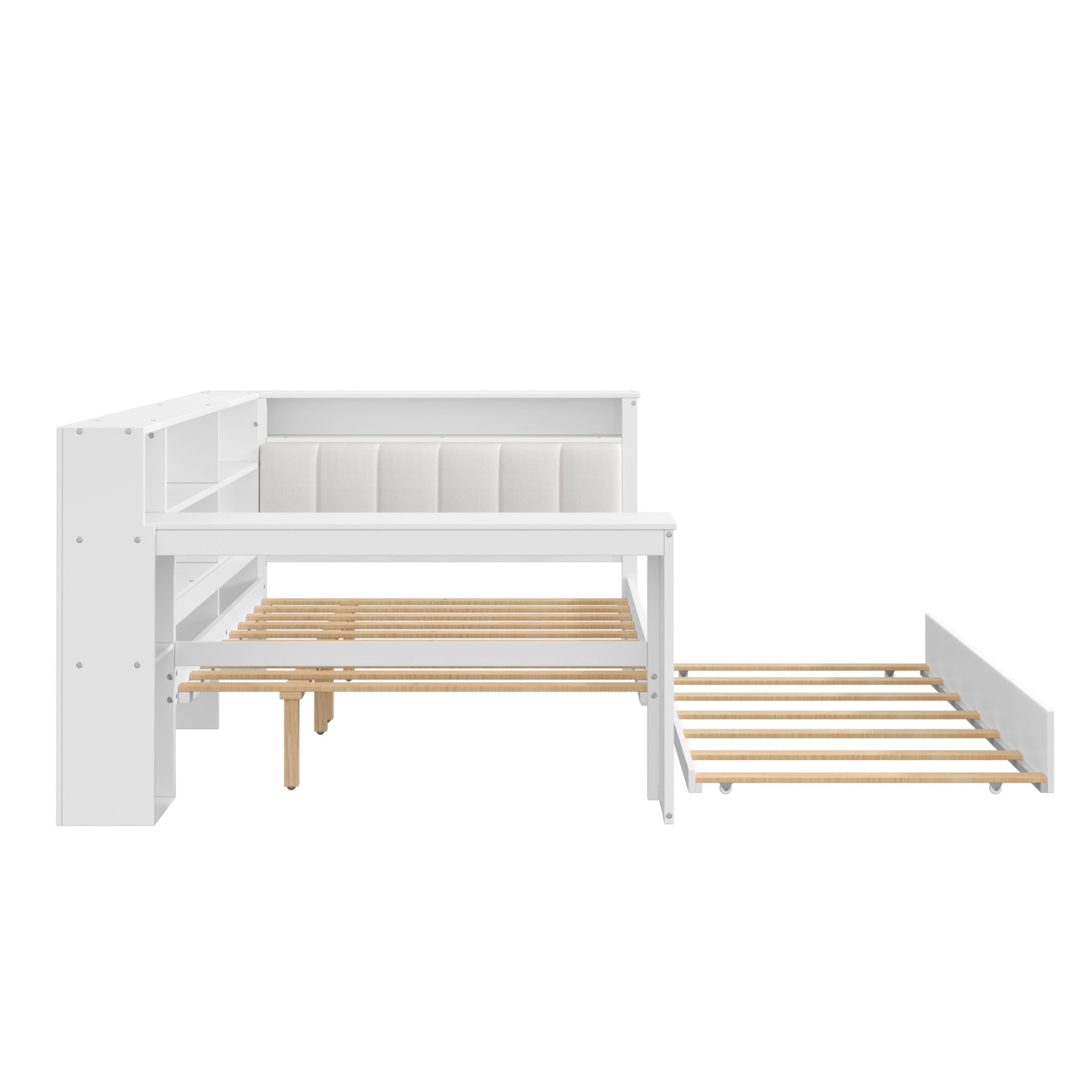 Noble House Full Platform Bed with Storage Shelves and Trundle, LED Desk and Integrated USB, Upholstered Headboard, White