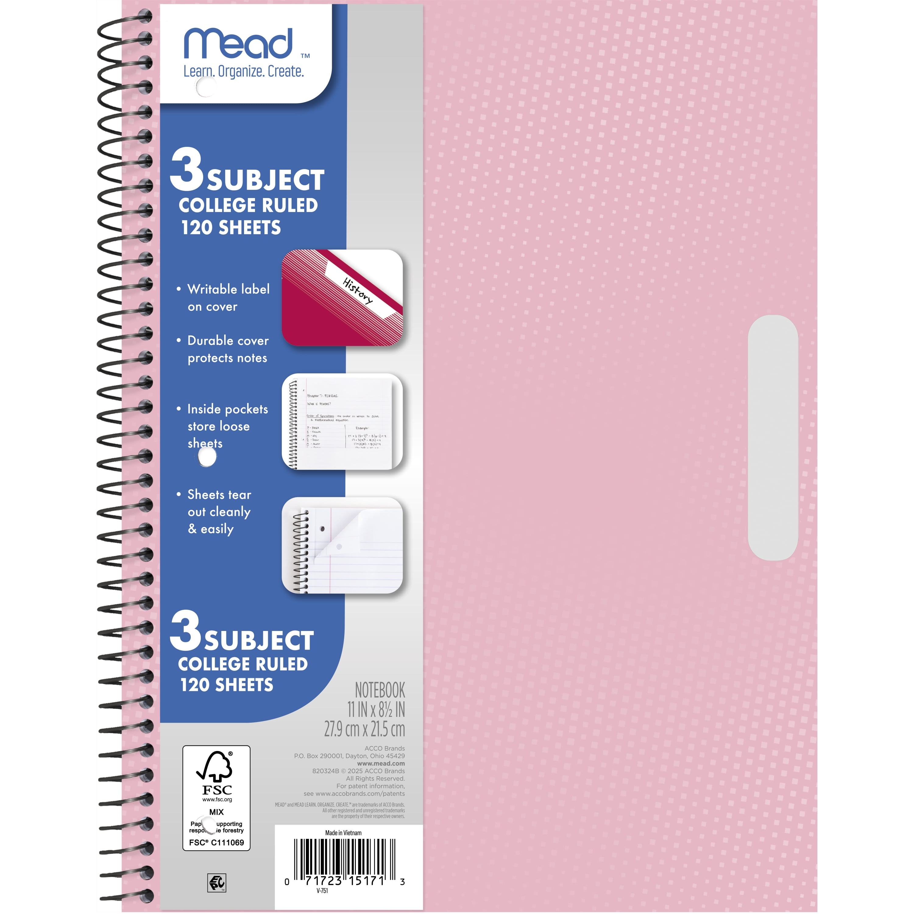 Mead 3 Subject College Ruled Notebook, 8.5" x 11", Pastel Pink, Poly, Spiral, 120 Sheets