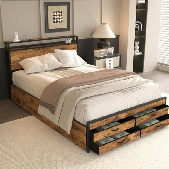 Full Size Bed Frame with 8 Storage Drawers, LED Headboard with Charging Station, Metal Platform Bed Frame, No Box Spring Needed, Noise-Free, Stable and Solid, Brown