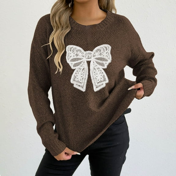 gbyLJF Women's Long Sleeve Knitted Sweater Casual Loose Bow-tie Crewneck Sweater Fall Winter Solid Color Pullover Top