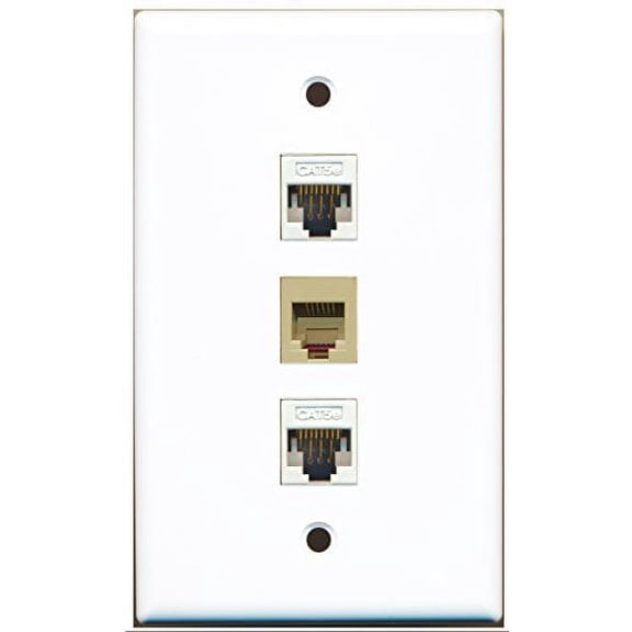 RiteAV - 1 Port Phone RJ11 RJ12 Beige 2 Port Cat5e Ethernet White Wall Plate