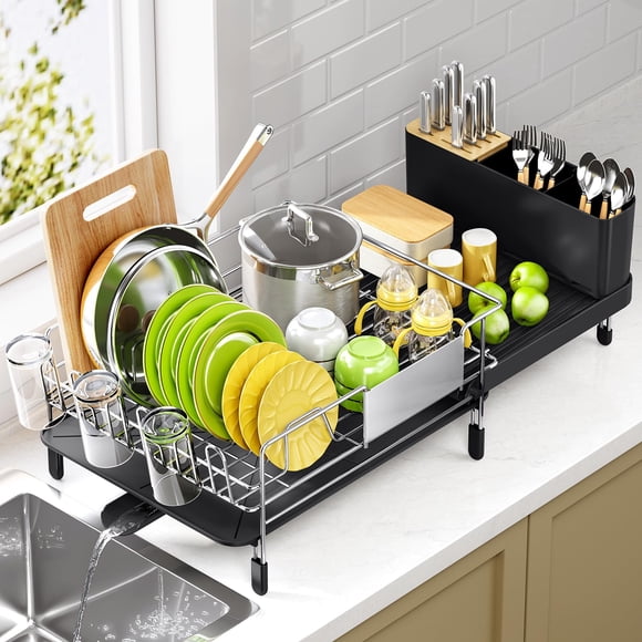 Urackify Expandable Dish Drying Rack Stainless Steel Dish Rack with Drainboard Set Dish Drainer for Kitchen Counter Large Capacity Dish Dryer Rack wi