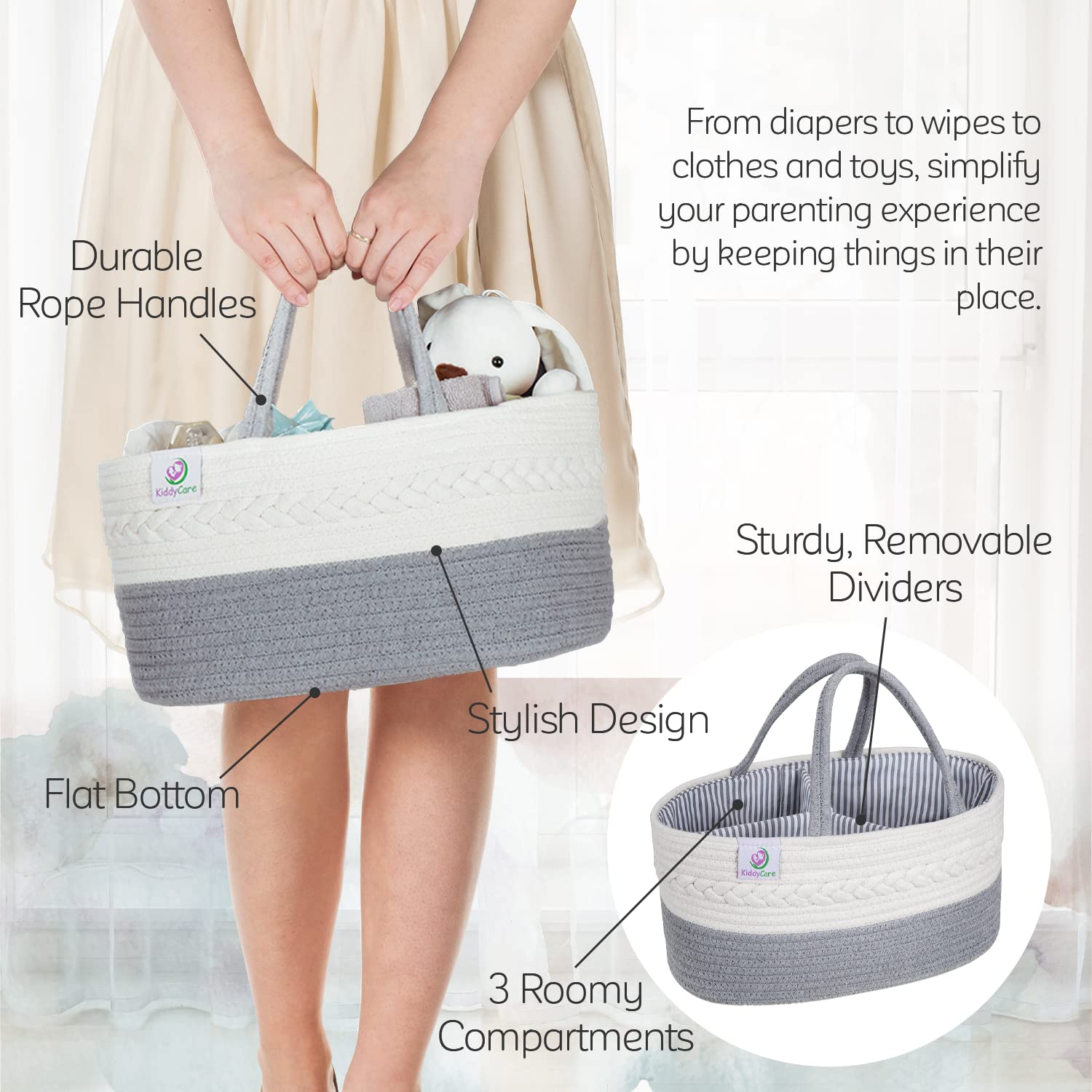Woven Diaper Caddy Basket with Handle Lid, Diaper Caddy Basket with Dividers for Baby Boy/Girl Nursery, Baby Gift, Gray, Large