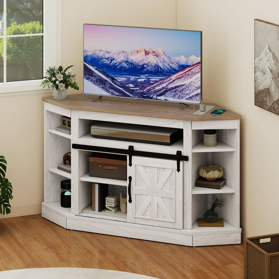 Craftian Farmhouse Corner TV Stand for 50" TV, Entertainment Center with Sliding Barn Door, Gray Wash