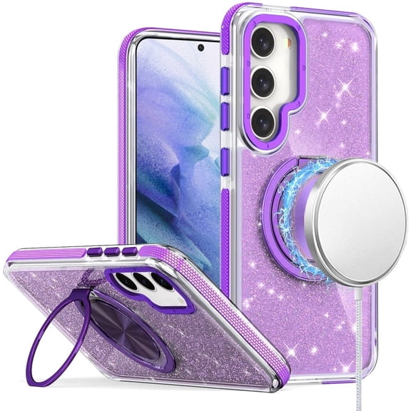 For Samsung Galaxy S23 Ultra Case, Slim Bling Glitter Sparkly Shimmer Hybrid with Magnetic Ring and 360° Rotational Stand [Compatible with Magsafe] Phone Cover (Purple)