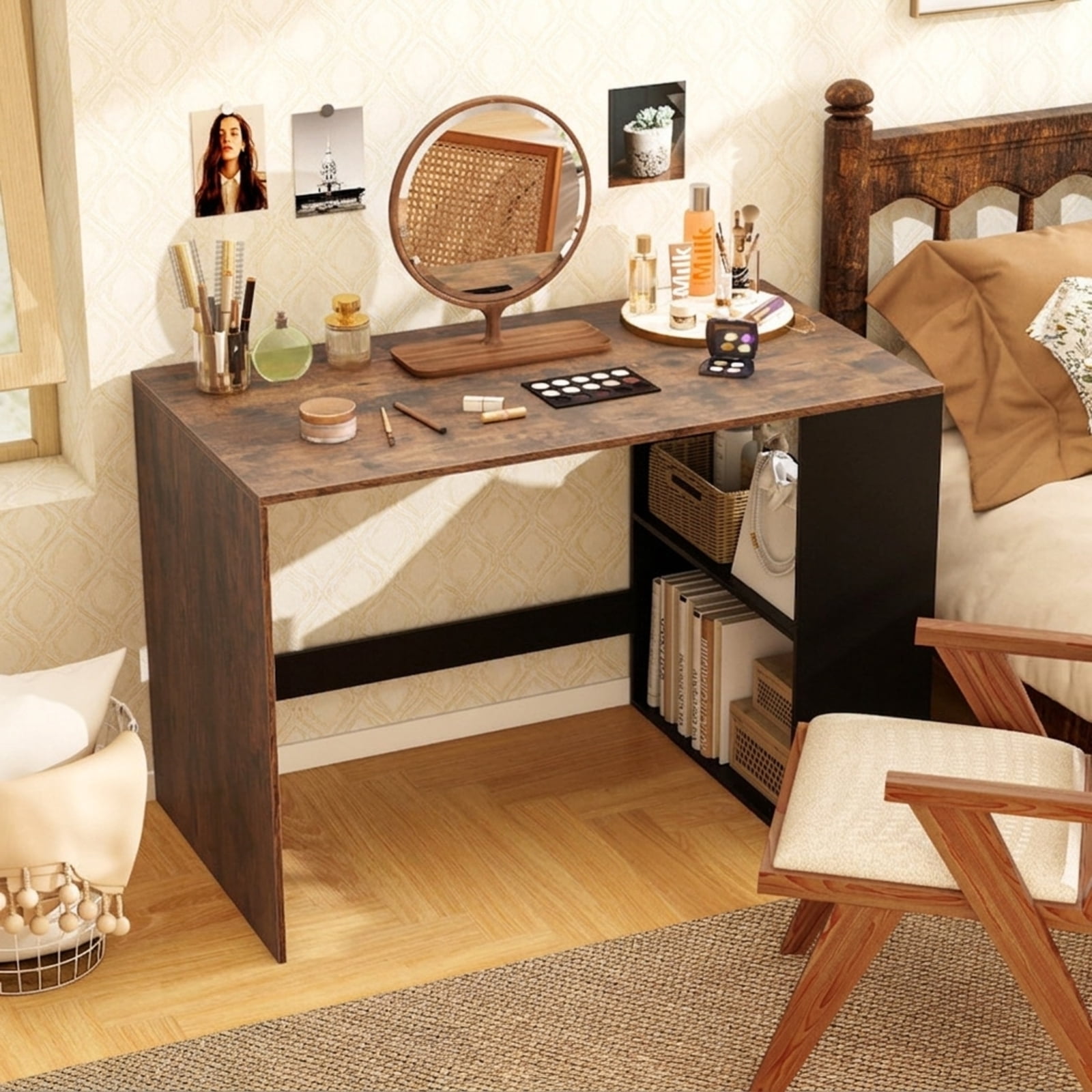 Furnibear 44 Inch Wooden Computer Desk with 2-Tier Bookshelf and Spacious Desktop Compact Home Office Workstation, Rustic Brown