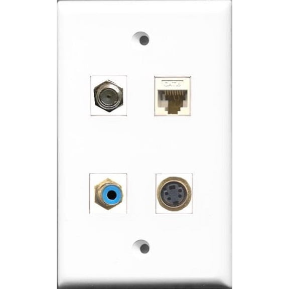 RiteAV 1 Port RCA Blue and 1 Port Coax Cable TV- F-Type and 1 Port S-Video and 1 Port Cat6 Ethernet White Wall Plate