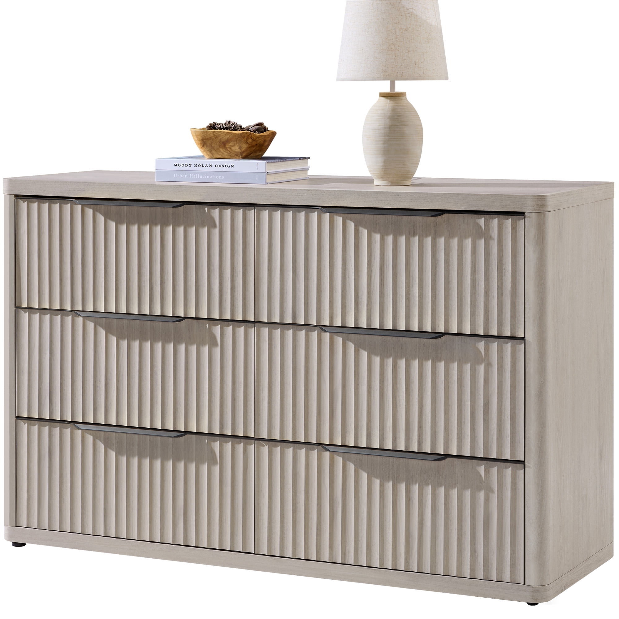 SICOTAS 53.5" Wide 6 Drawer Dresser for Bedroom, Farmhouse Chest of Drawers with Black Handles, Fluted Wood Storage Cabinet for Living Room, Light Grey