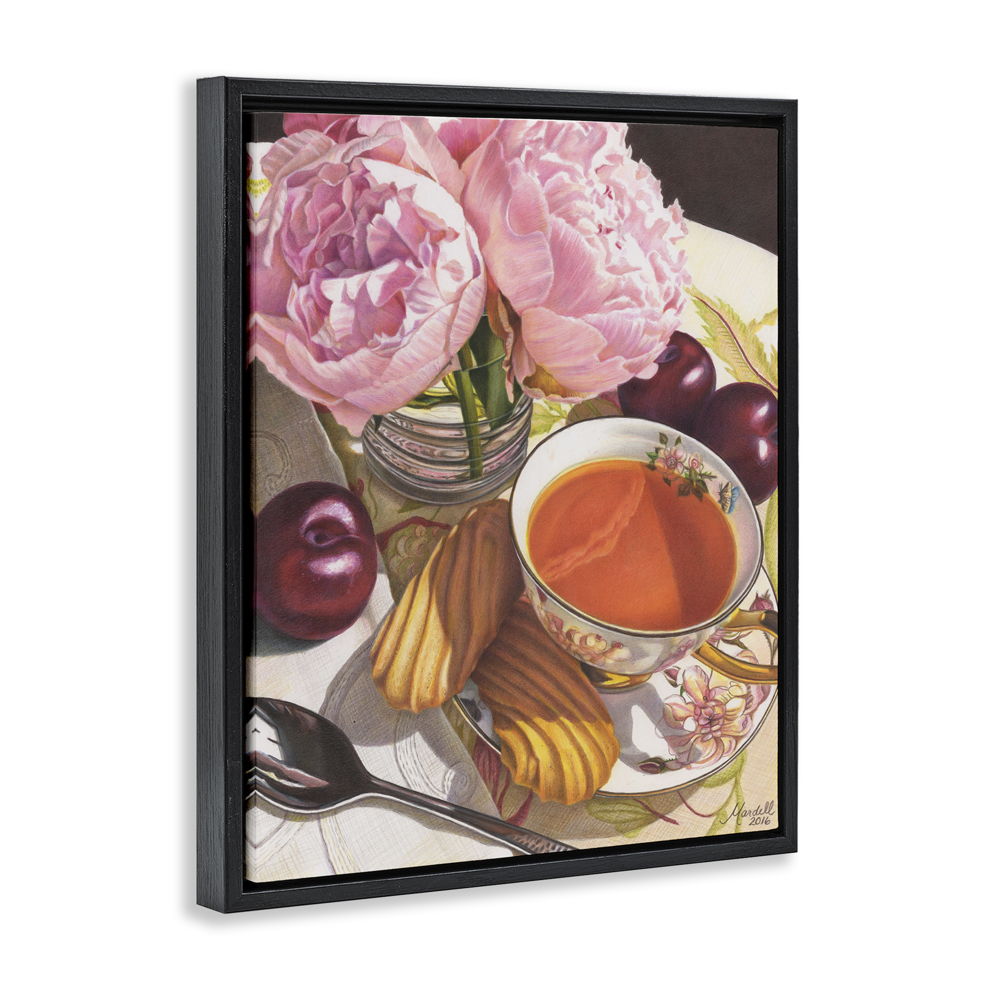 Stupell Industries Tea with Peonies & Plums Food & Beverage Painting Black Floater Framed Art Print Wall Art, 17 x 21