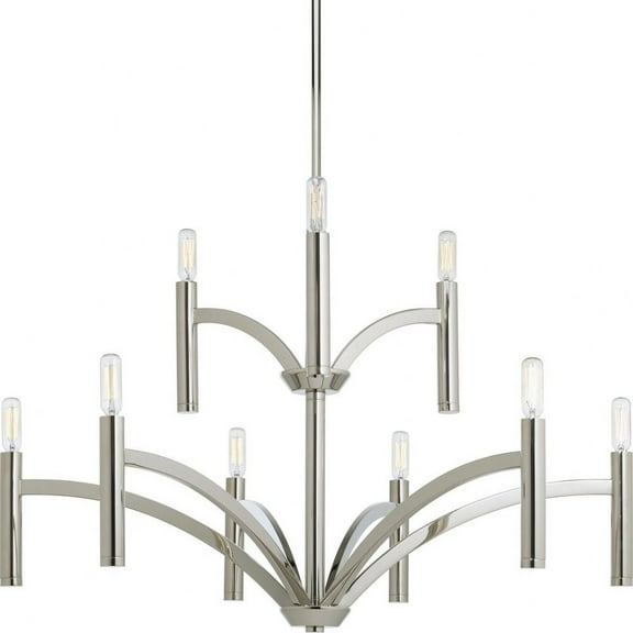 Progress Lighting Draper 9-Light Two-Tier Chandelier, Polished Nickel, Candelabra, Tubular Forms, Mid-Century Modern
