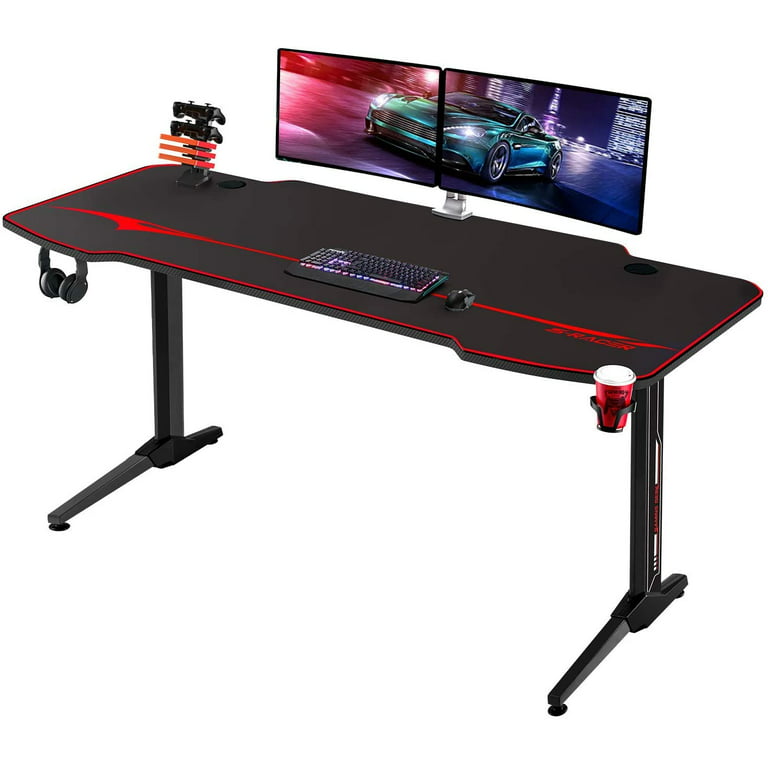 Goplus 45.5 Gaming Desk, Z Shaped Racing Game Table with Carbon Fiber  Surface, Mouse Mat, Headphone Hook, Cup Holder, Game Handle Rack, Ergonomic  Home