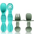 thumbnail image 1 of HippoBaby - Juego de 4 Utensilios de Silicona para Alimentación Automática de Bebés de 6 a 12 Meses (3 Cucharas y 1 Tenedor), Color Azul y Verde, 1 of 8