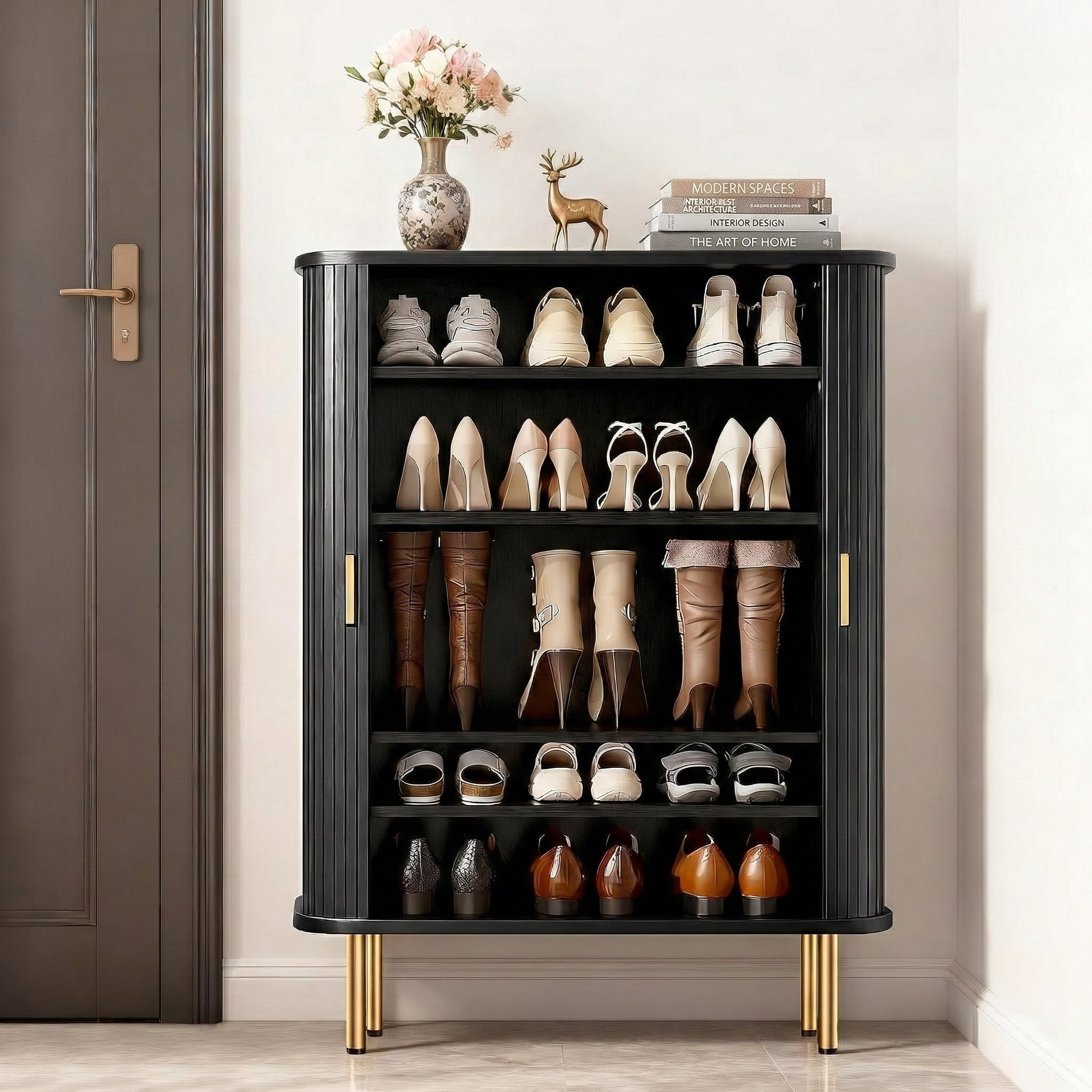 Aisword 6-Tier Shoe Cabinet with Sliding Door, Storage Organizer with Adjustable Shelves, Free Standing Rack for Entryway, 31.5 inch, Black