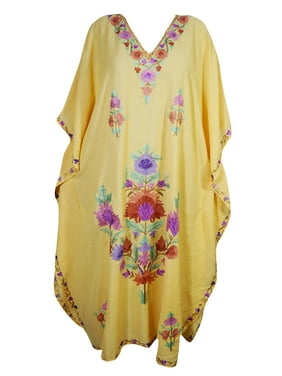 Mogul Women's Yellow Kaftan Kimono Sleeves Beautiful Floral Embroidered Evening Resort Wear Stylish Lounge Maxi Caftan Dresses 4XL
