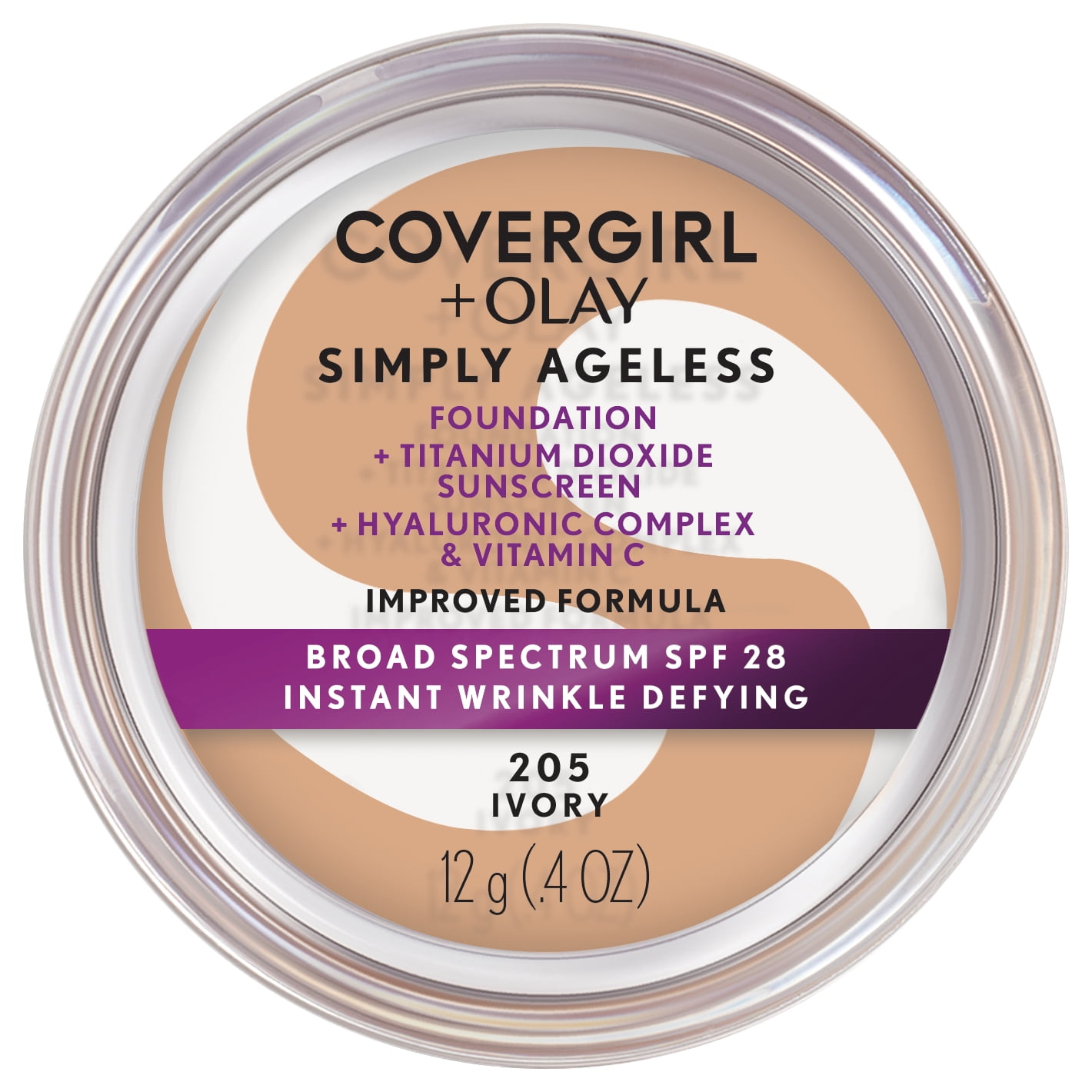 COVERGIRL + OLAY Simply Ageless Instant Wrinkle-Defying Foundation with SPF 28, Ivory 205, 0.44 oz, Hydrating Anti-Aging Foundation, Cruelty-Free Foundation, Hyaluronic Complex for Firm Skin