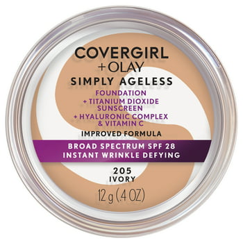 COVERGIRL + OLAY Simply Ageless Instant -Defying Foundation with SPF 28, Ivory 205, 0.44 oz, Hydrating Anti-Aging Foundation, Cruelty-Free Foundation, Hyaluronic Complex for Firm Skin