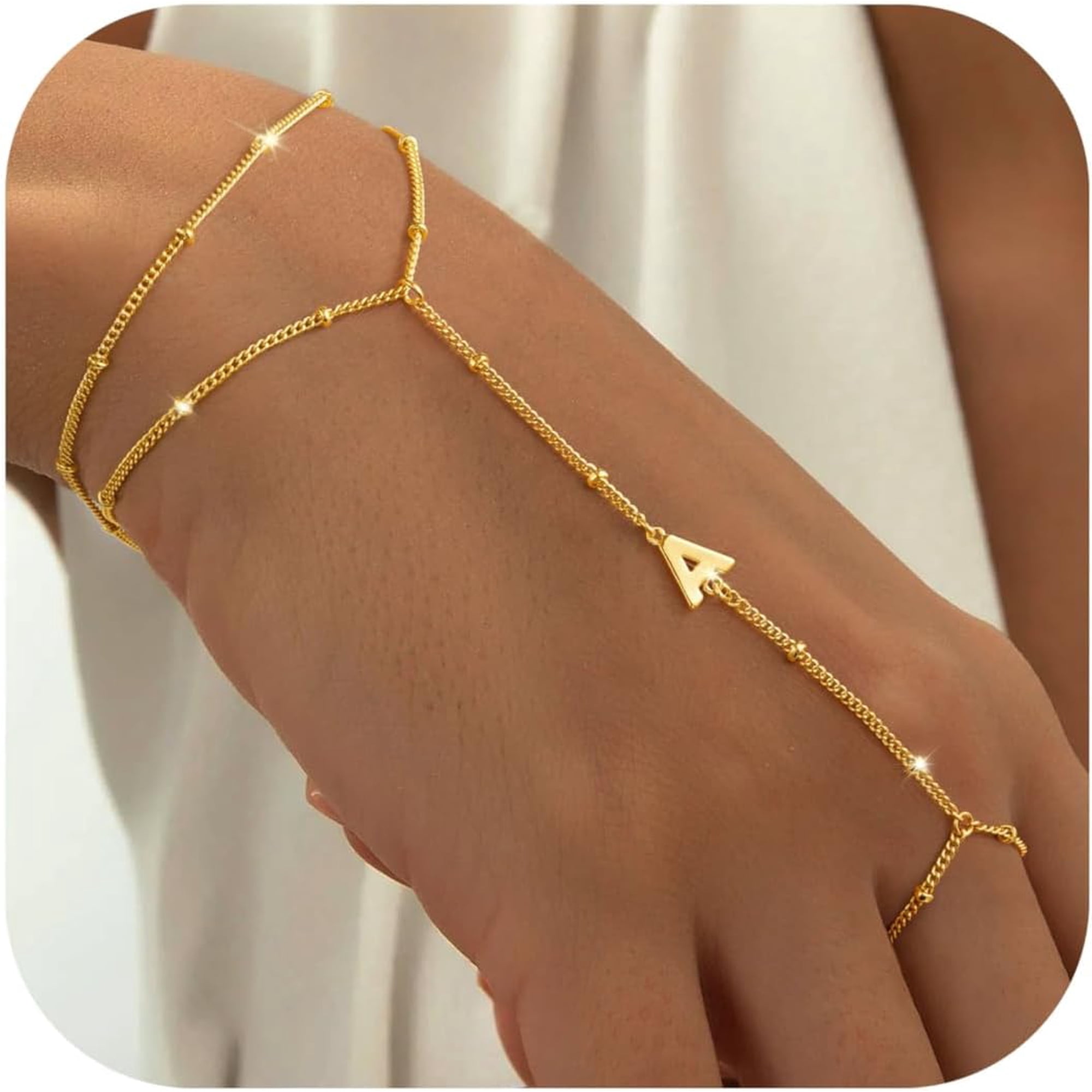 Turandoss Initial Hand Chain Bracelets for Women Dainty Ring Cuff Trendy Letter Link Charm Jewelry Birthday Teacher Appreciation Mothers Day Graduation Gifts for Her Mom Kids Teen Girls Wife Ideas