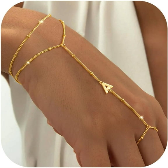Turandoss Hand Chain Bracelets for Women Dainty Gold Initial Ring Bracelet Cuff Hand Chain for Women Trendy Letter A Initial Gold Link Charm Bracelet Personalized Jewelry Birthday Gifts for Women