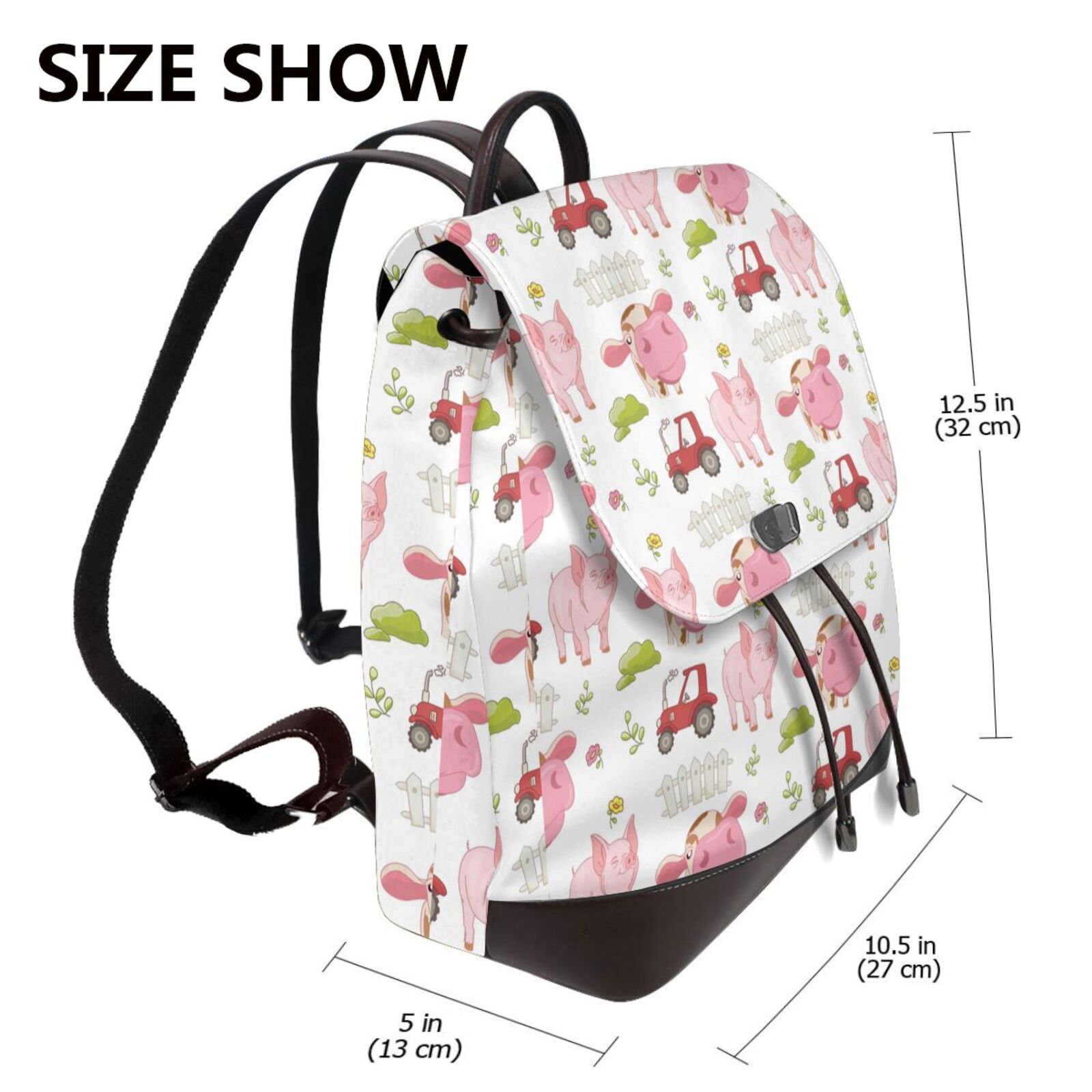 Xecao Cow And Pig Print Large Backpack Soft Leather for Women Travel with Compartment, Adjustable Convertible Strap