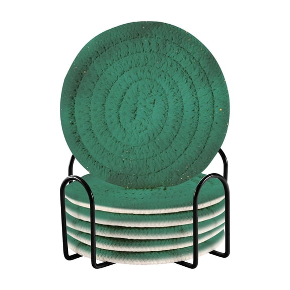 Haosy Set of 6 Drink Woven Coaster with Holder Heat Resistant Non-Slip Bar Coasters 4 Inches Emerald Green with Golden Glitter