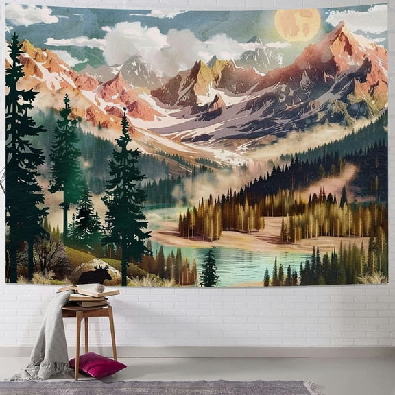 PRATYUS Mountain Tapestry, Nature Forest Tree Lake Landscape Tapestries SunSet Orange and Green Wall Decor for Home Bedroom Painting